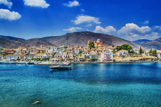 Greek town with a crystal clear beach
