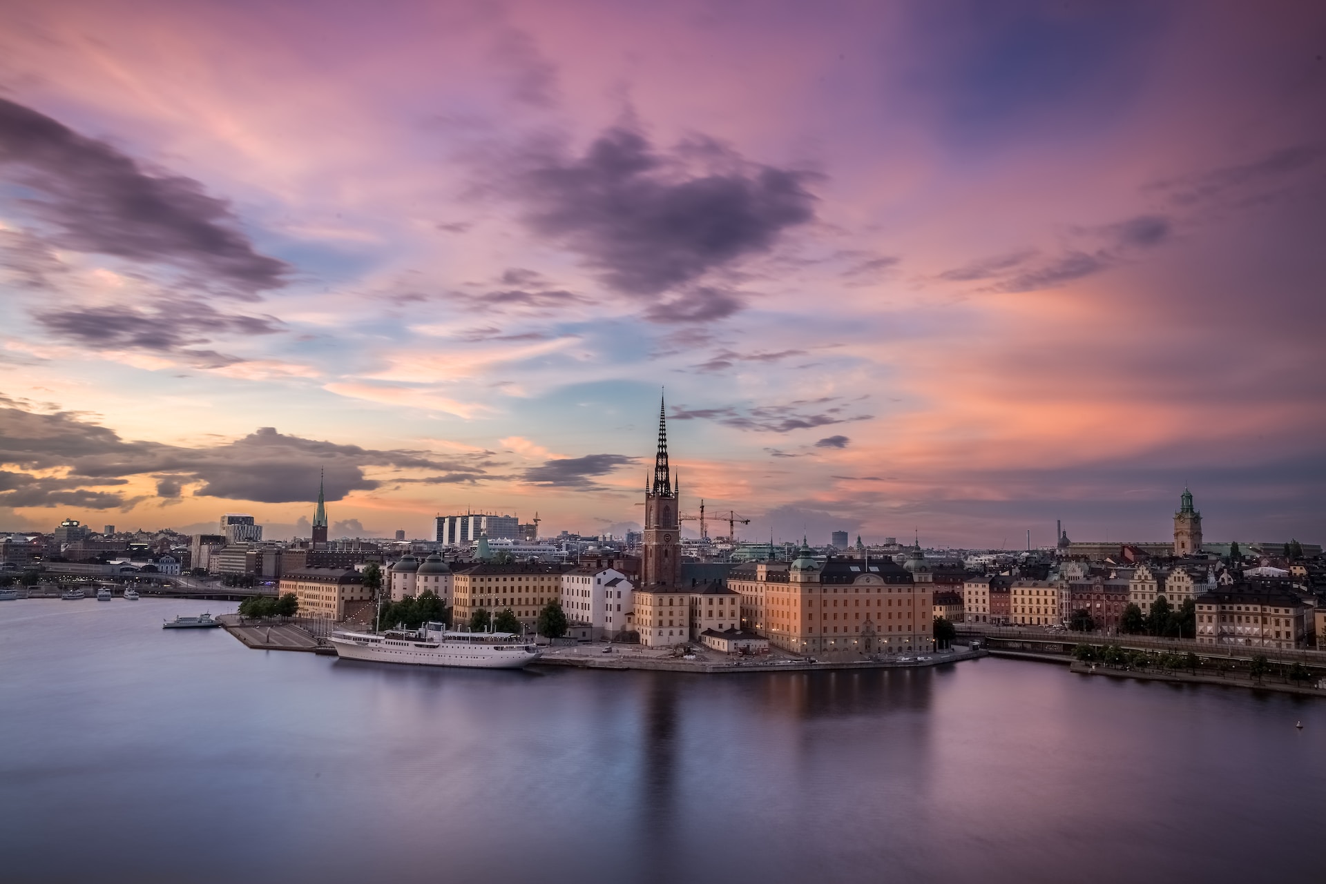 Aerial view of Stockholm historic buildings at sunset