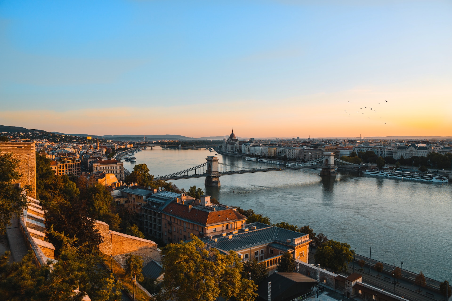 Aerial view of Danube River in Budapest at sunset