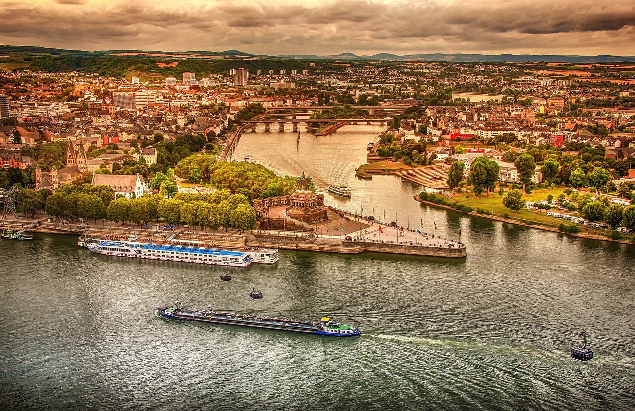 Rhine river cruise aerial scene