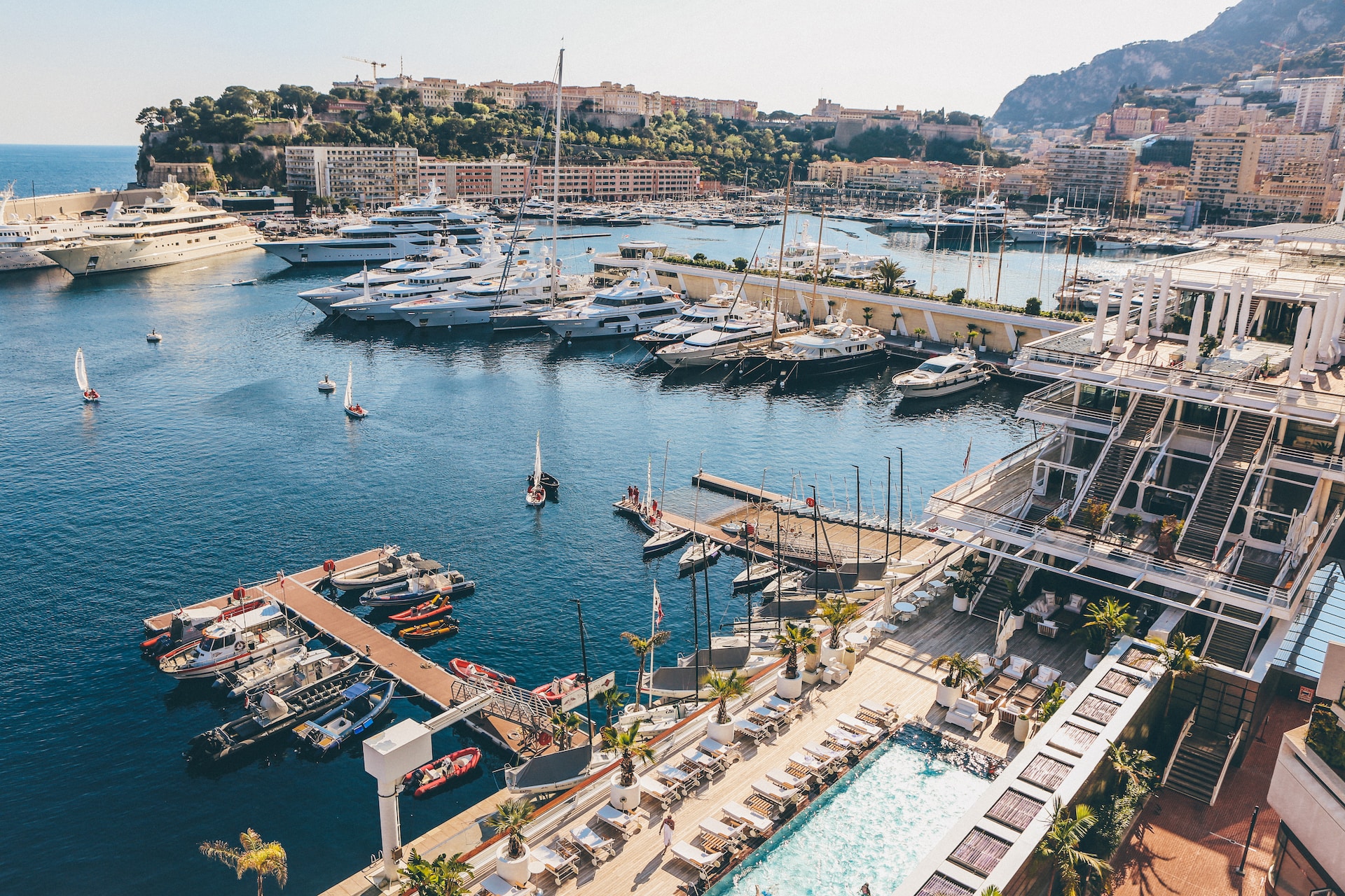 French Riviera harbor aerial view of boats and docks